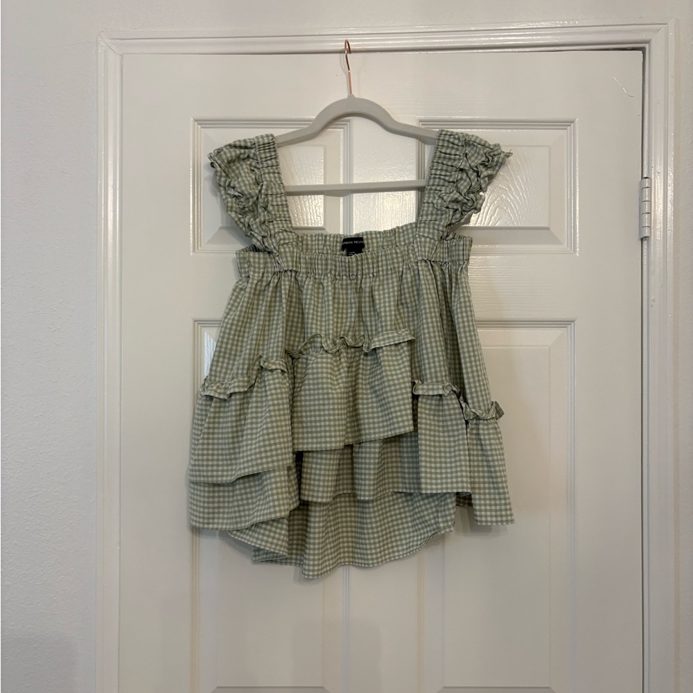 Urban Revivo Green Gingham Ruffle sleeveless Blouse